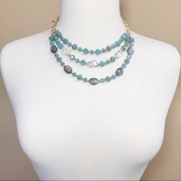 3 Row Blue Glass Beaded Necklace Earrings Set - Picture 2 of 3